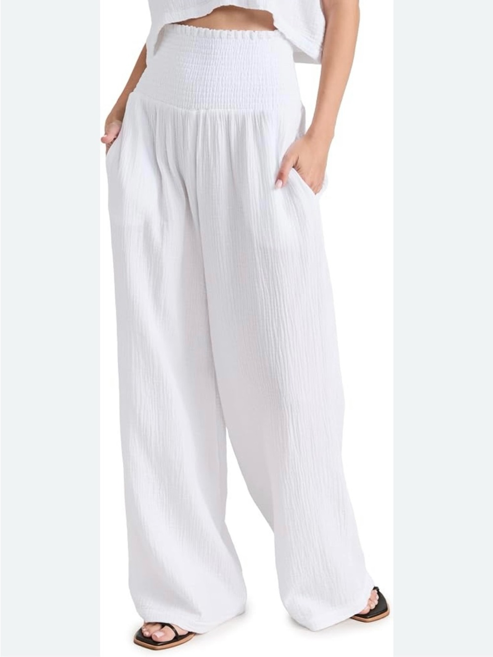 White Wide-Leg Smocked Waist Pants
